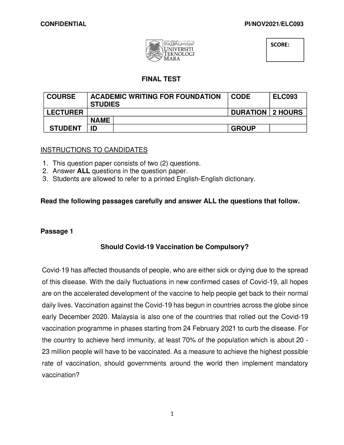 ELC093 November 2021 Final TEST Question Paper - FINAL TEST COURSE ...