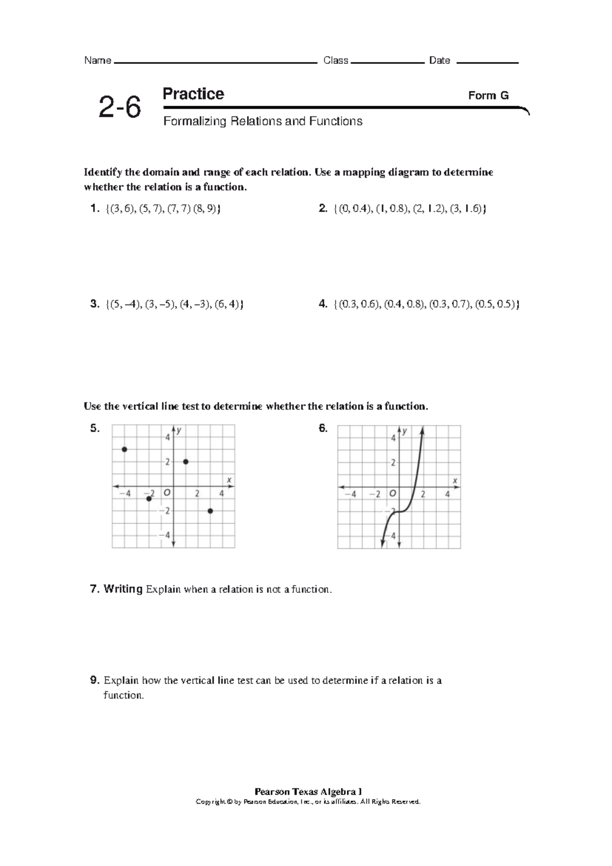 Domain and Range Practice - Pearson Texas Algebra I Copyright © by ...