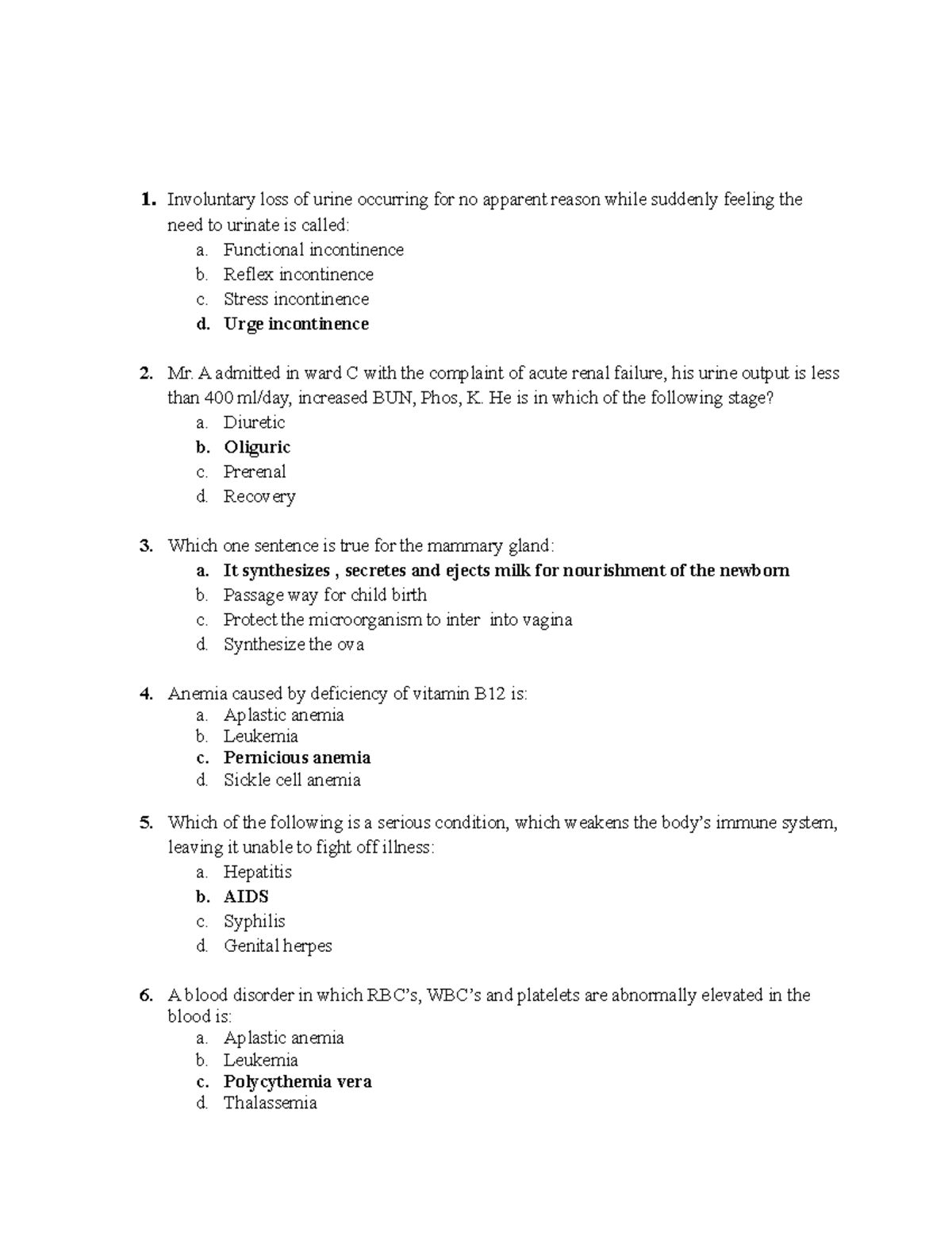 AHN - Adult Health Nursing - 1. Involuntary loss of urine occurring for ...