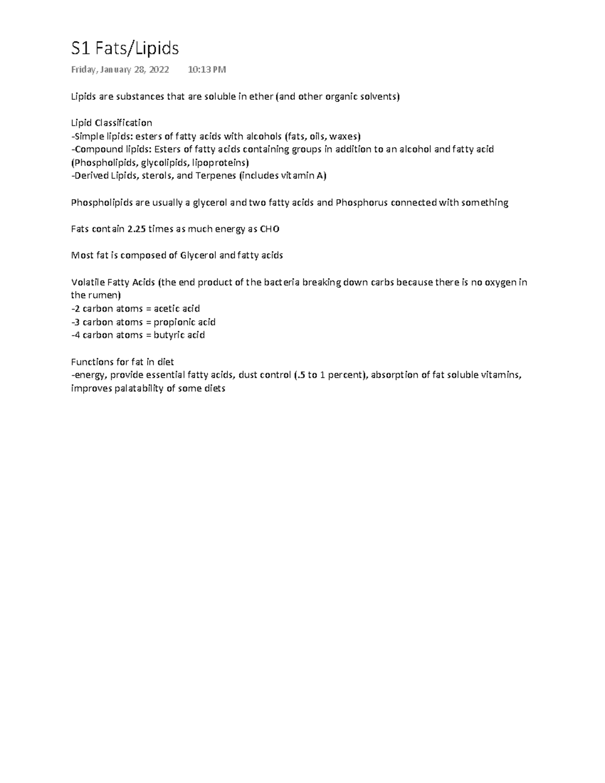 ANSC 221 Lipids Notes Lipids are substances that are soluble in ether