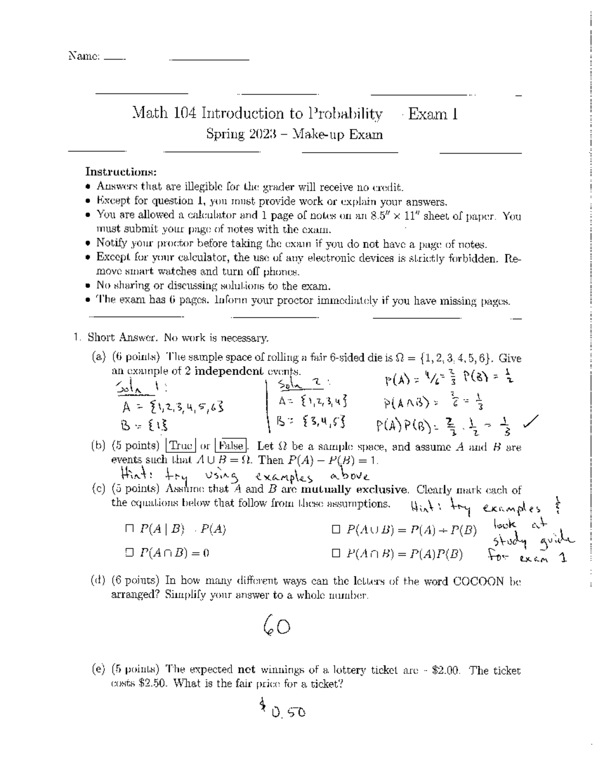 Make up Exam 1 Solutions MATH 104 Studocu