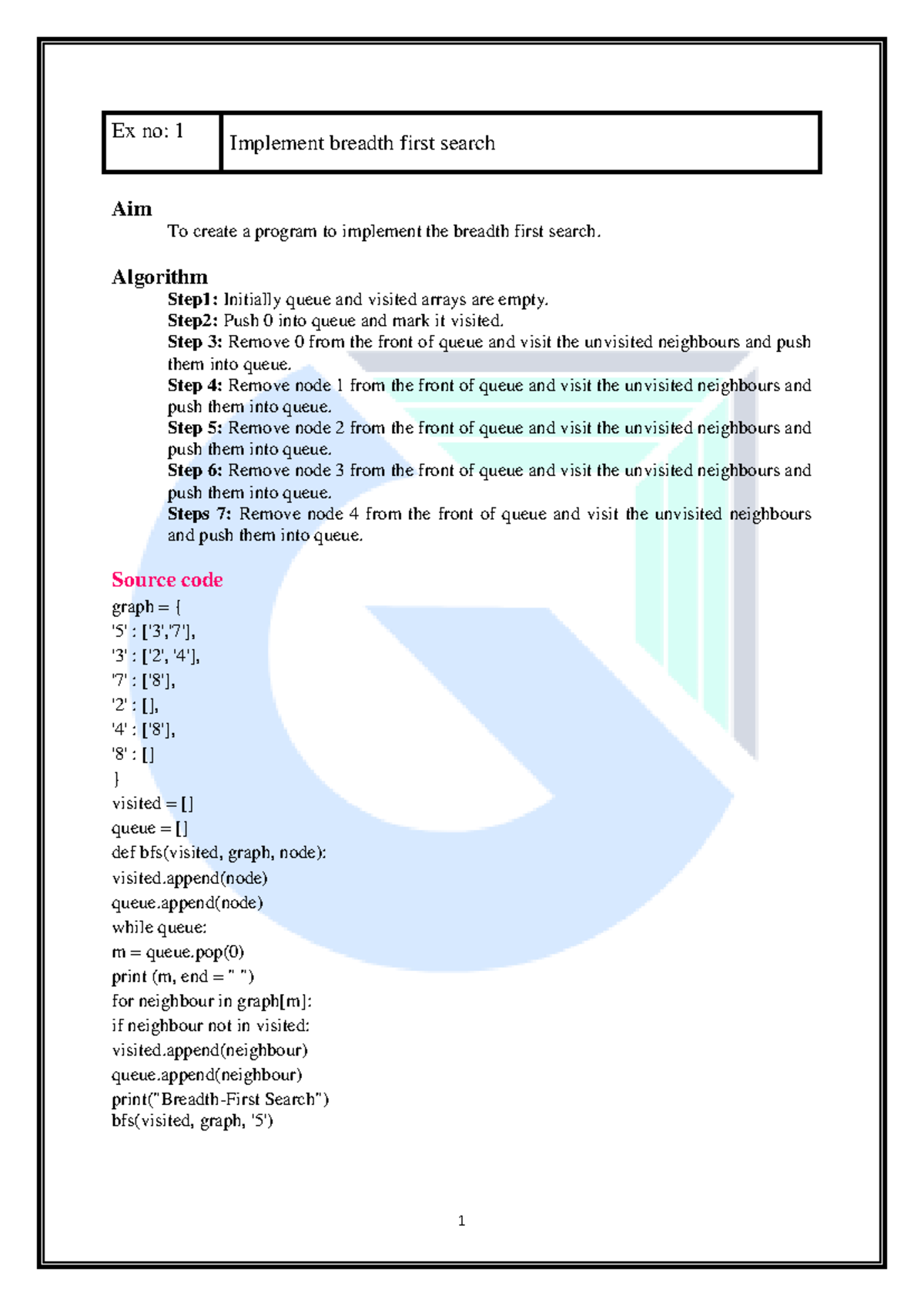 AI & ML laboratory - Ocs 351 notes - Ex no: 1 Implement breadth first ...