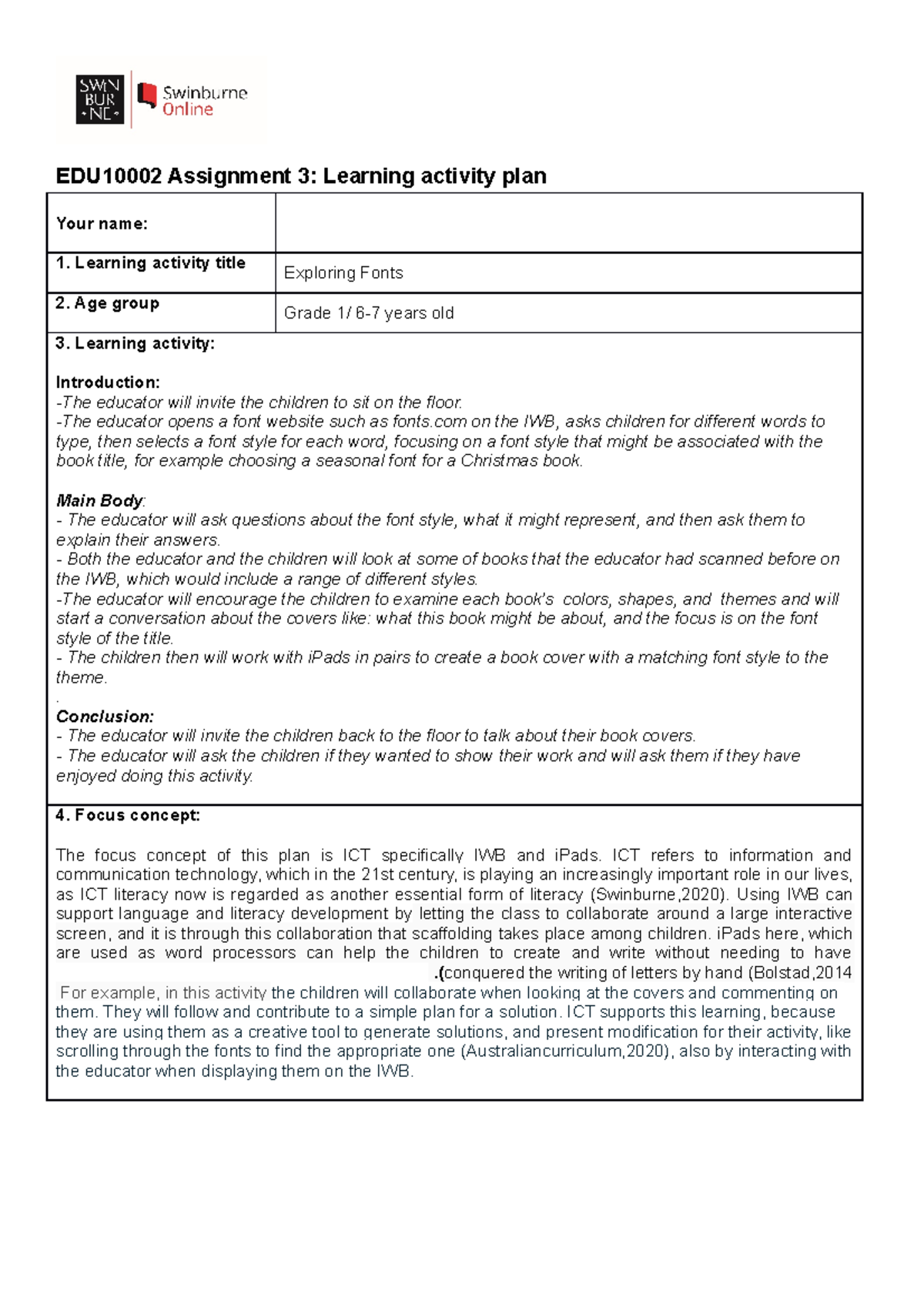 EDU10002 - Activity - EDU10002 Assignment 3: Learning activity plan ...