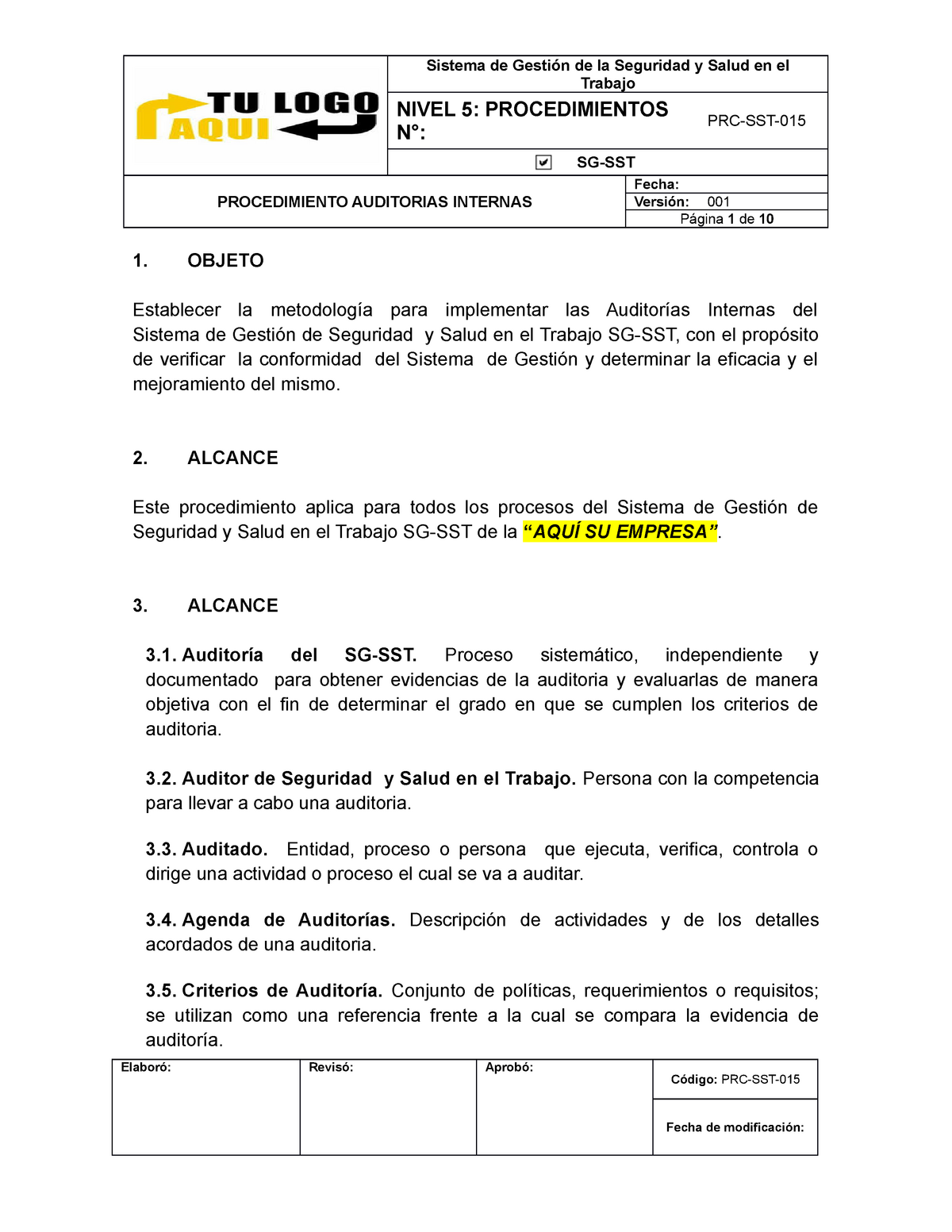 Prc Sst 015 Procedimiento Auditorias Internas Trabajo Nivel 5 Procedimientos N° Prc Sst Sg 2963