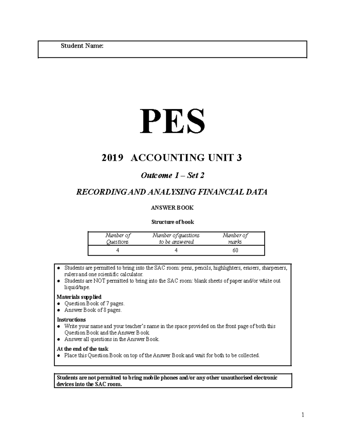 2019 Accounting Unit 3 1 Set 2 Answer Book Final Student Name