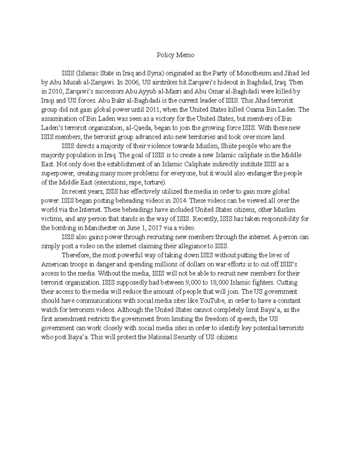 ISIS Policy Memo - Policy Memo ISIS (Islamic State in Iraq and Syria ...