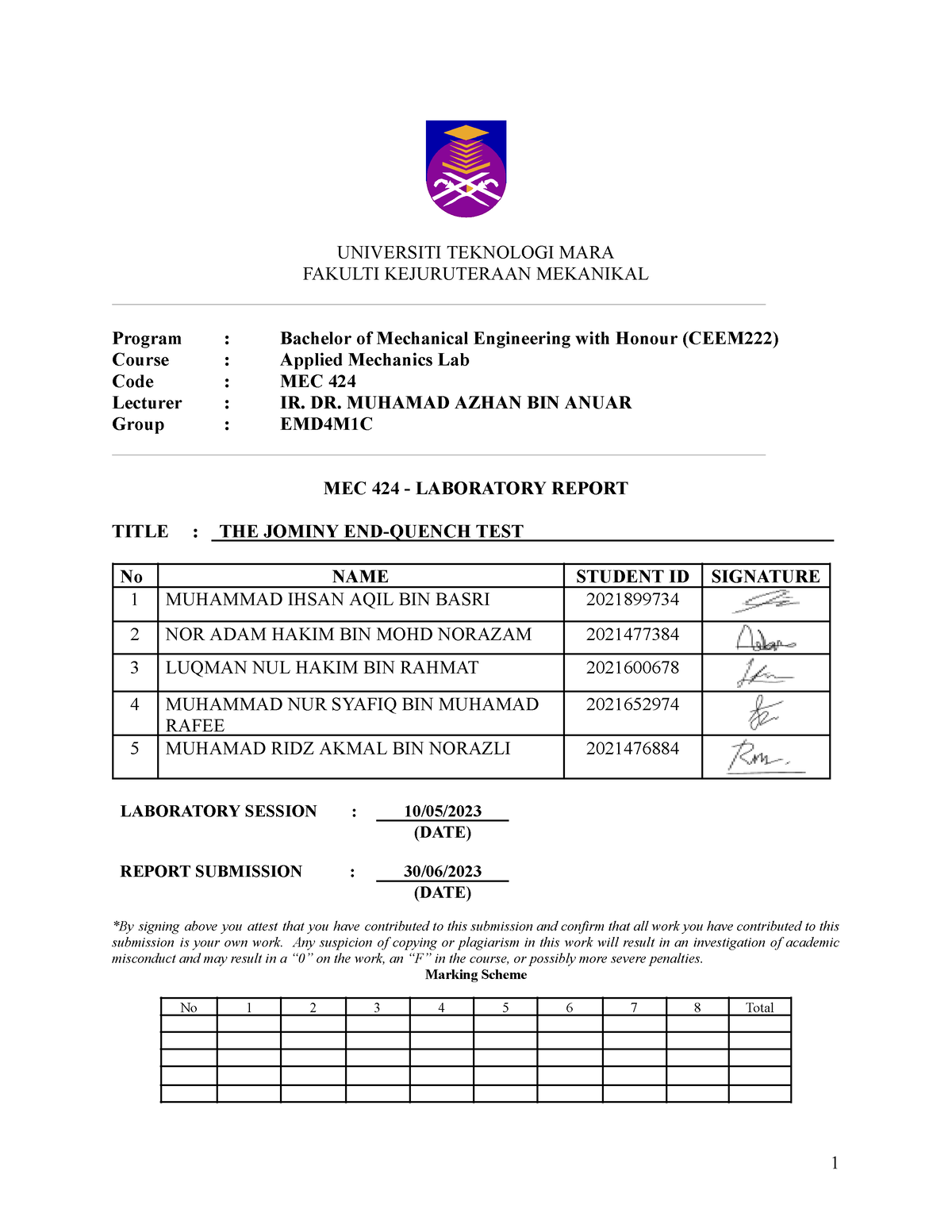 THE Jominy END- Quench TEST - UNIVERSITI TEKNOLOGI MARA FAKULTI ...