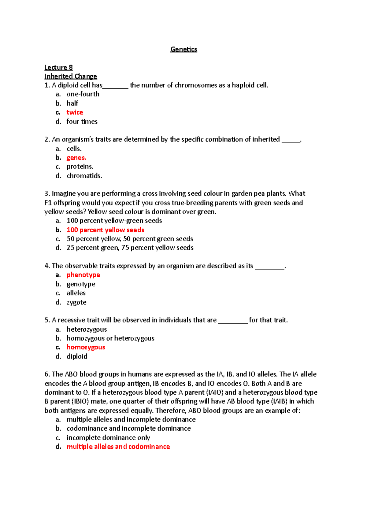 Lecture 8 Questions and Answers - Genetics Lecture 8 Inherited Change ...