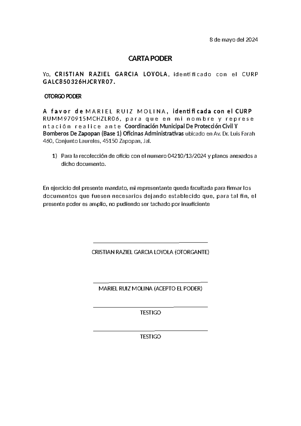 Carta Poder Proteccion Civil - 8 de mayo del 2024 CARTA PODER Yo, C R I ...
