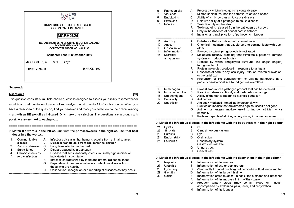 2019 MCBH2624 Semester Test 3 - Warning: TT: Undefined Function: 32 1/4 ...