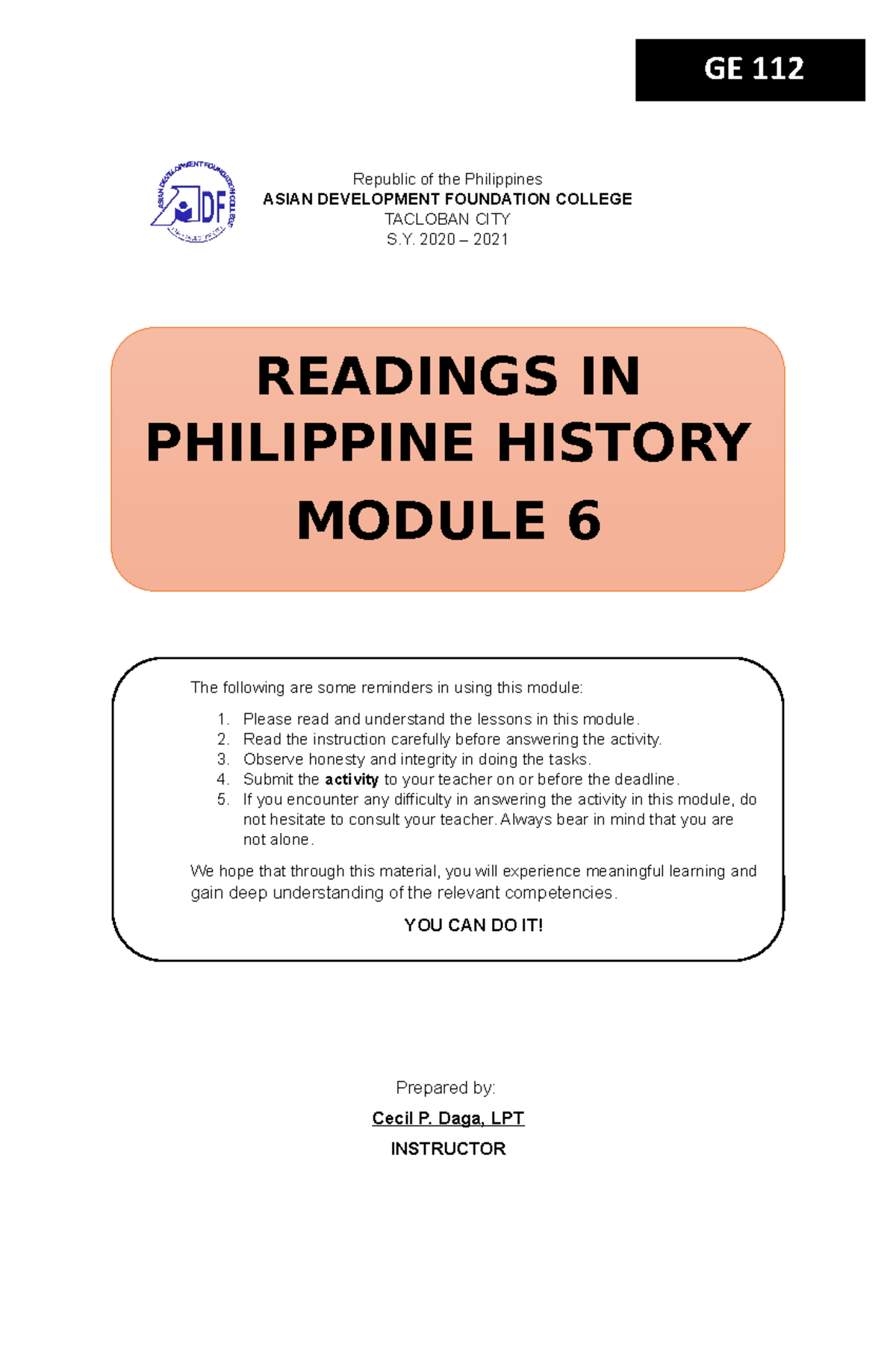 Module 6 Readings IN PHIL. History (SEMI- Final)- Activity 6 - Republic ...
