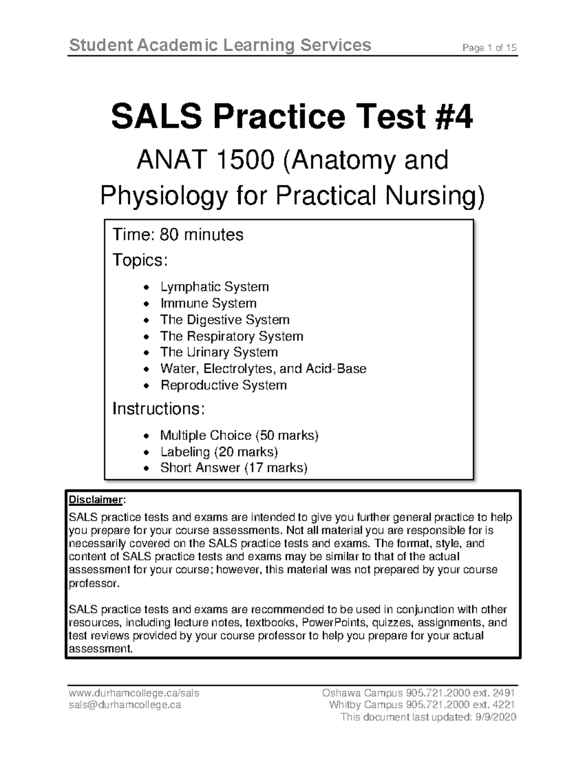 ANAT 1500 Practice Test 4 Durhamcollege sals Oshawa Campus 905 721 