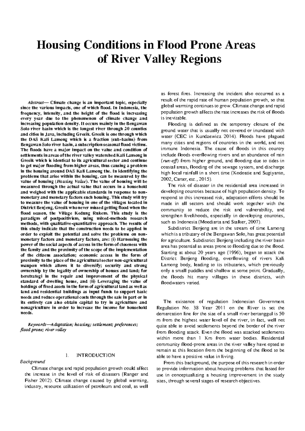 Housing Conditions in Flood Prone Areas of River Valley Regions