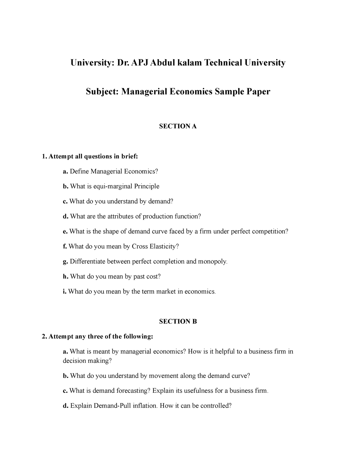 managerial economics question paper with case study