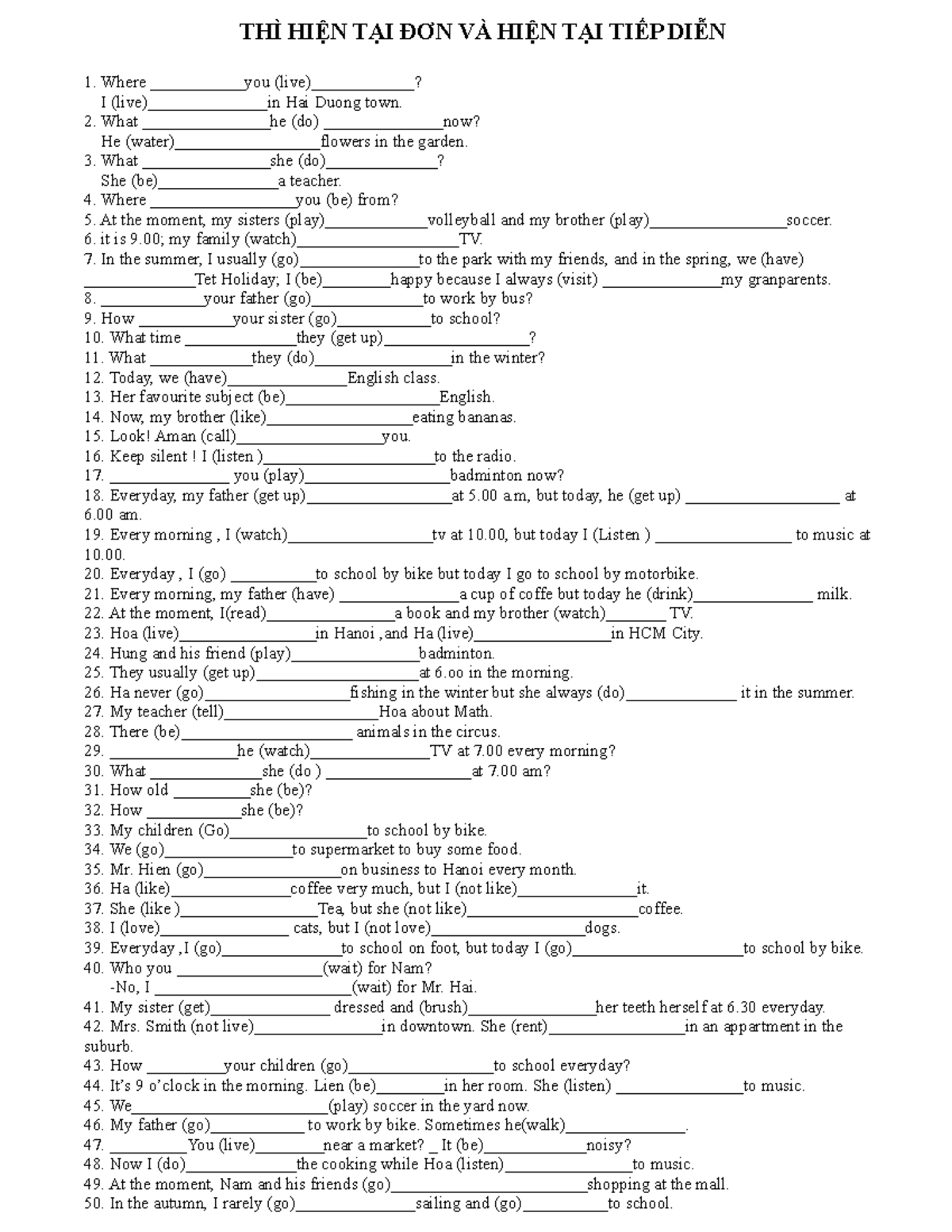 Bài tập thì hiện tại đơn và hiện tại tiếp diễn - English Grammar 1 ...