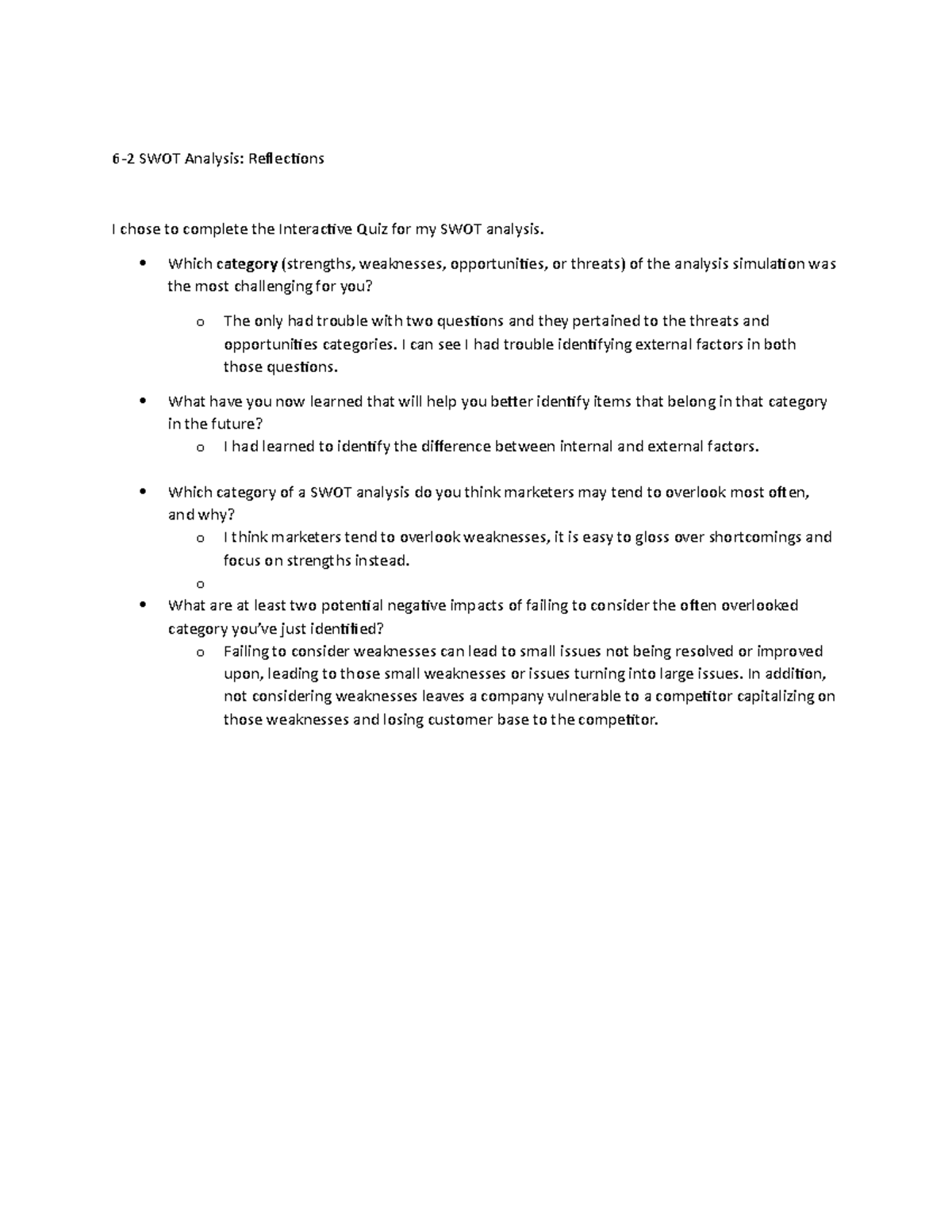 6-2 SWOT Analysis Reflections - Which category (strengths, weaknesses ...