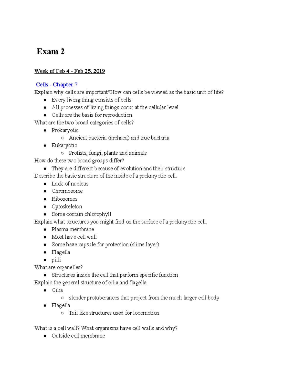 BIO 101 Study Guide Exam 2 - Exam 2 Week Of Feb 4 - Feb 25, 2019 Cells ...