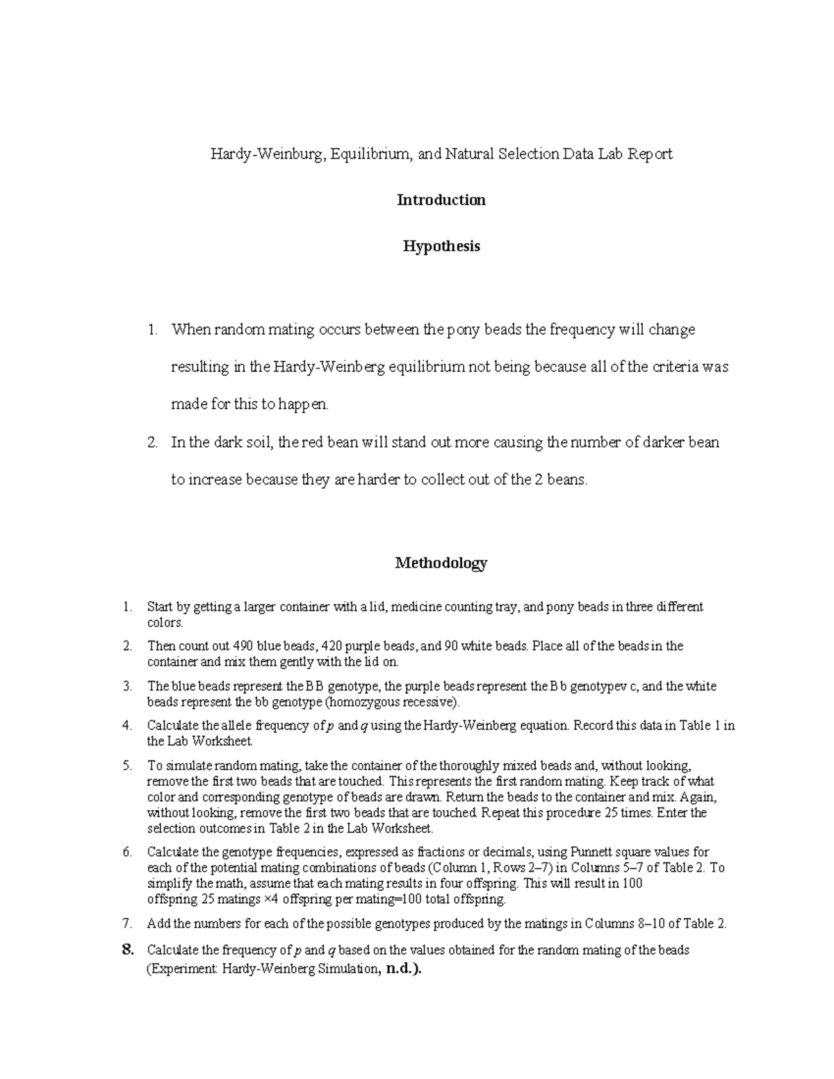 Lab Report Template HardyWeinburg, Equilibrium, and Natural