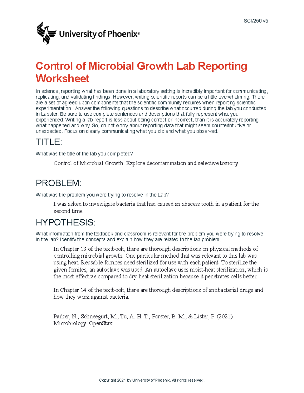 Sci250 v5 wk4 control of microbial growth lab report SCI/250 v