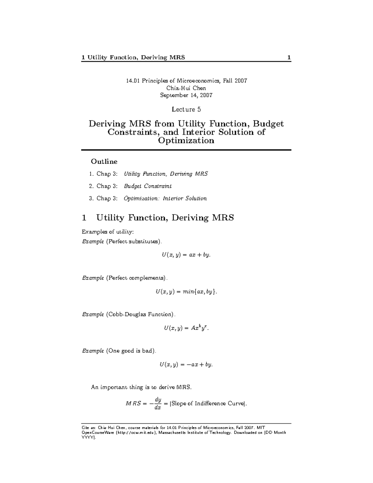 Lecture notes - Principles of Microeconomics - Deriving MRS from ...