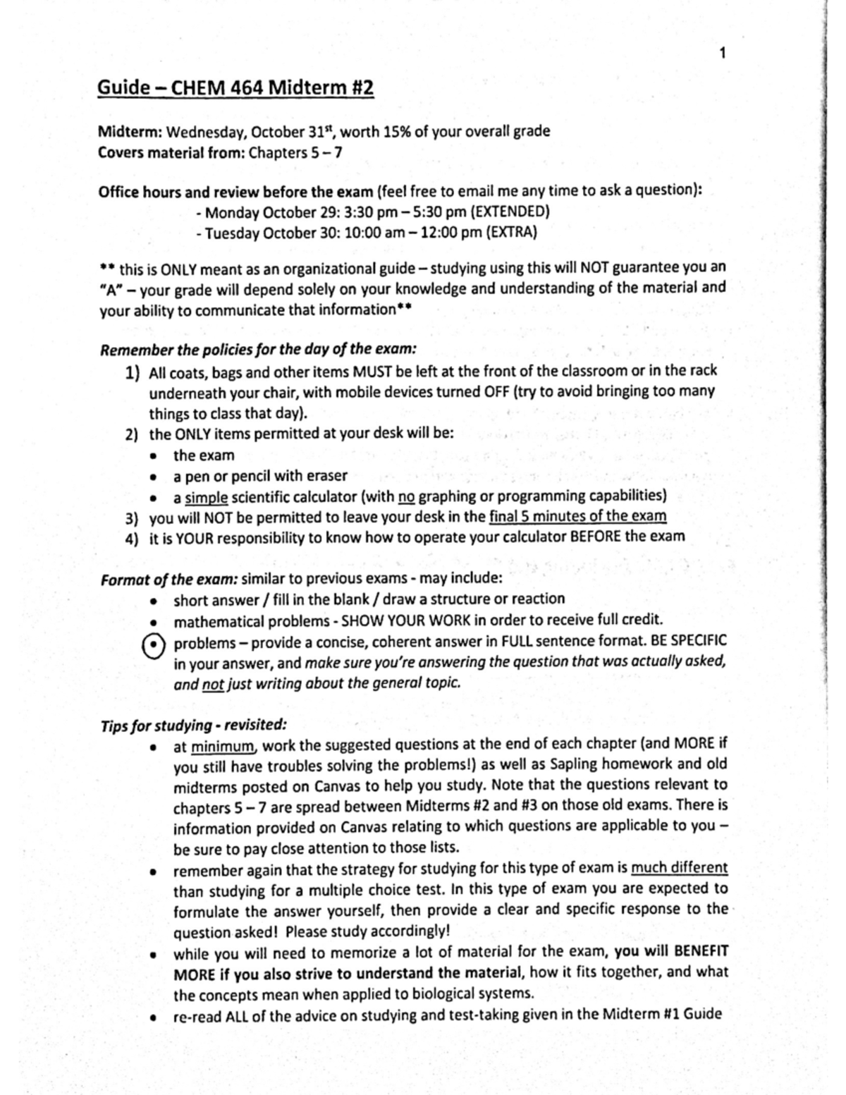 Exam 2 Topics - Guide CHEM 464 Midterm Midterm: Wednesday, October ...