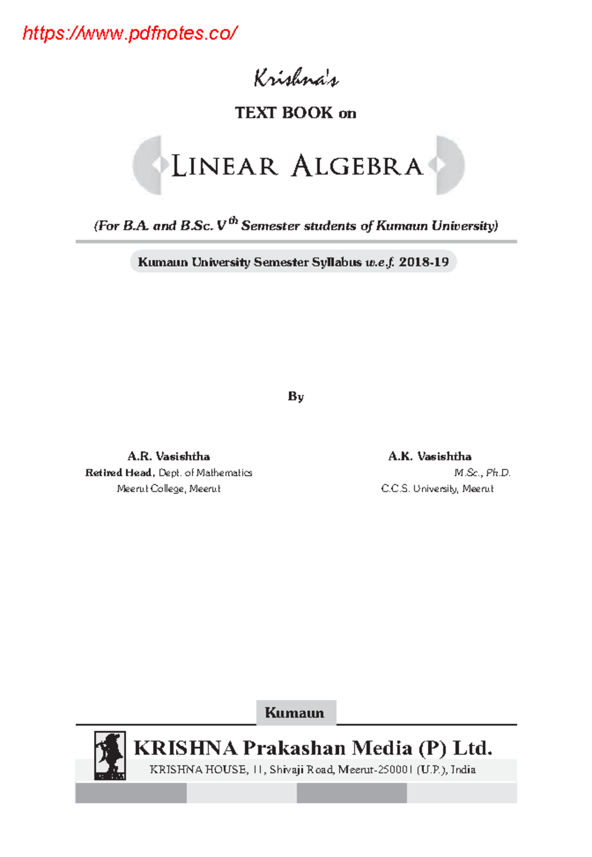 Linear algebra by a.r - data science - TEXT BOOK on By A. Vasishtha ...