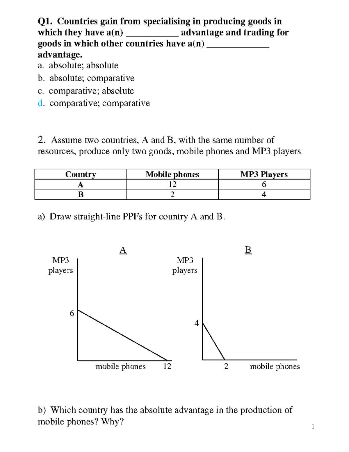 Specialisation Trade examples solutions Q1. Countries gain from