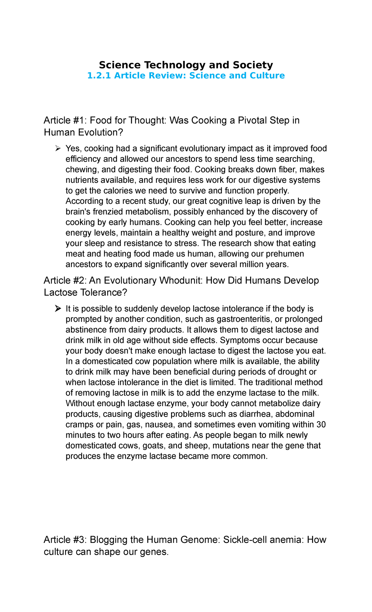 Article Review Article 1 Food for Thought Was Cooking a Pivotal Step