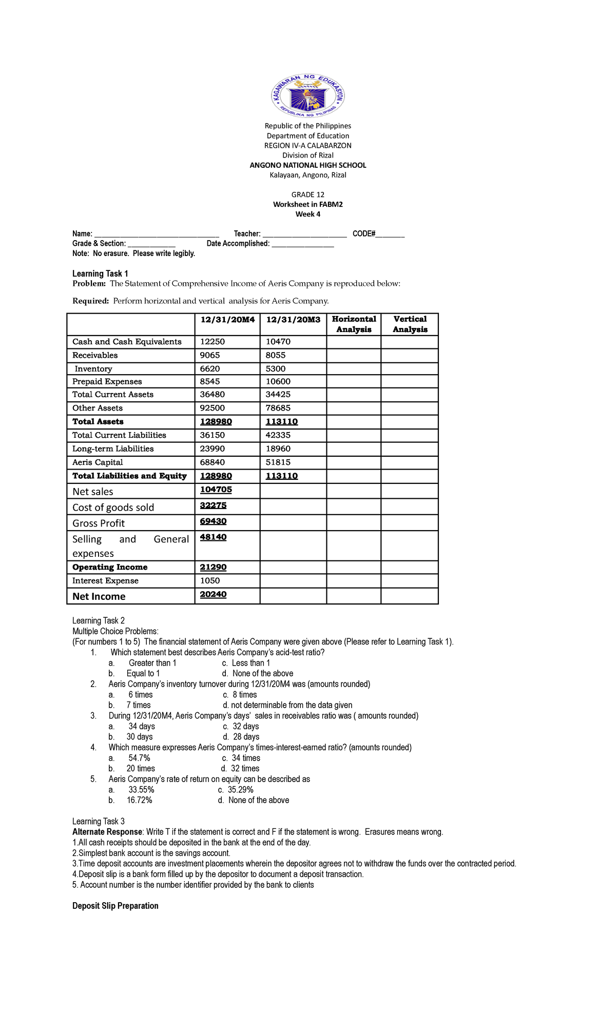 Fabm2worksheet Week 4 Republic Of The Philippines Department Of Education Region Iv A 8997