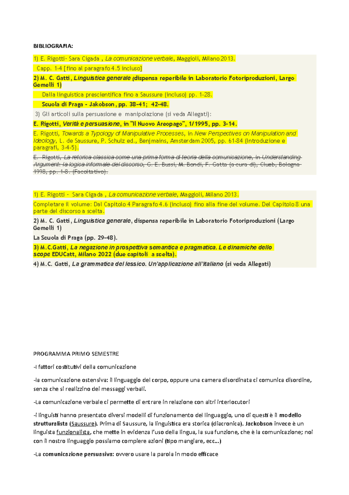 Linguistica generale 1 sem MC Gatti - BIBLIOGRAFIA: E. Rigotti– Sara ...