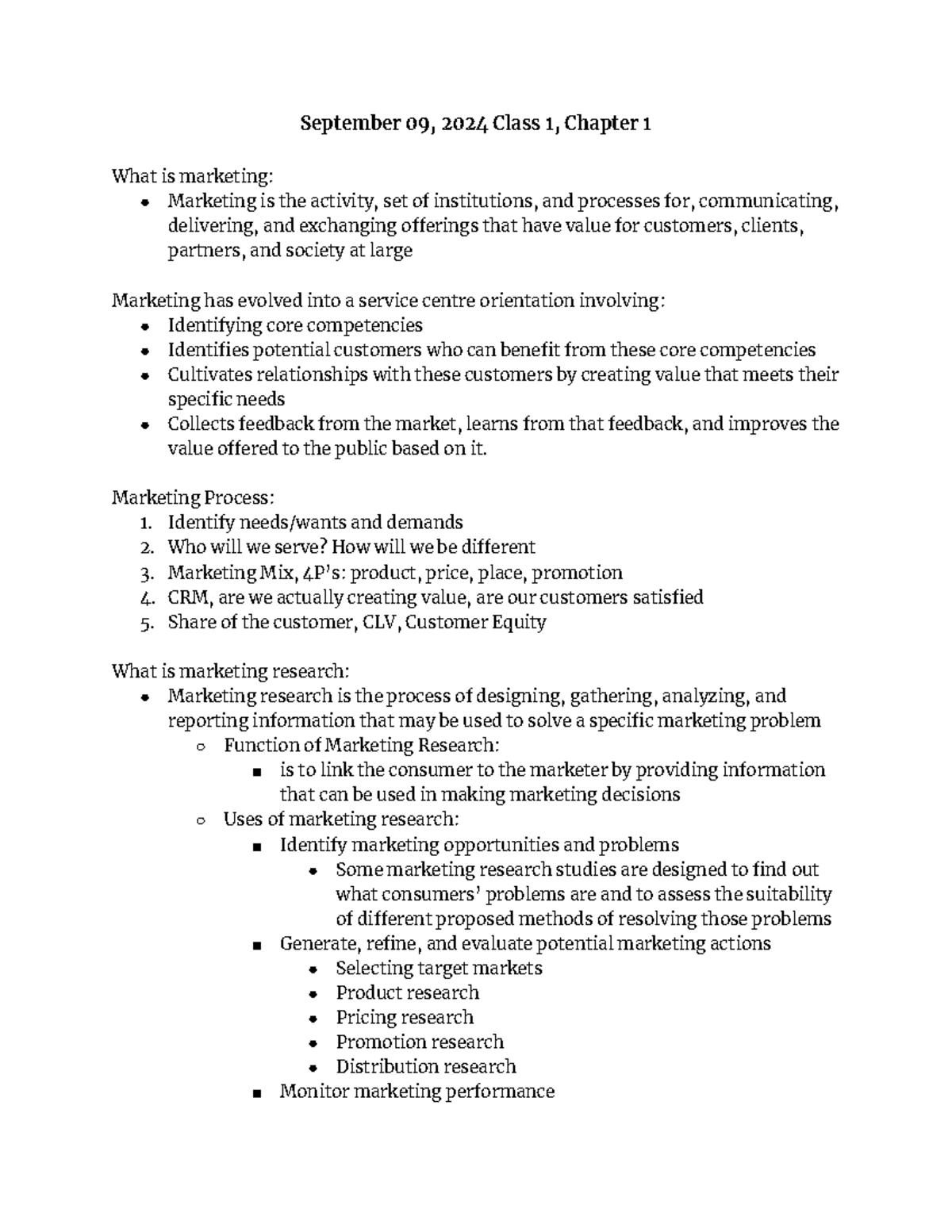 Lecture Notes - September 09, 2024 Class 1, Chapter 1 What is marketing ...