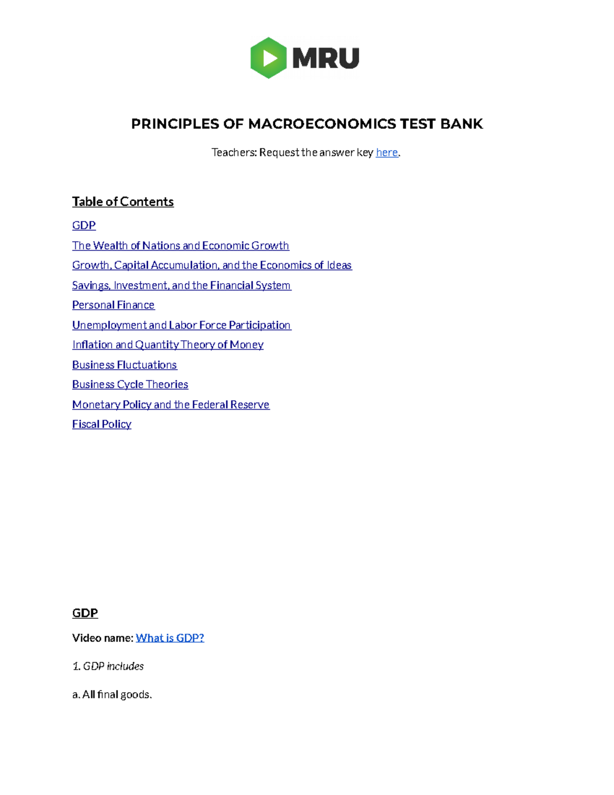 Macroeconomics Question Bank - MRU (without Answers) - PRINCIPLES OF ...