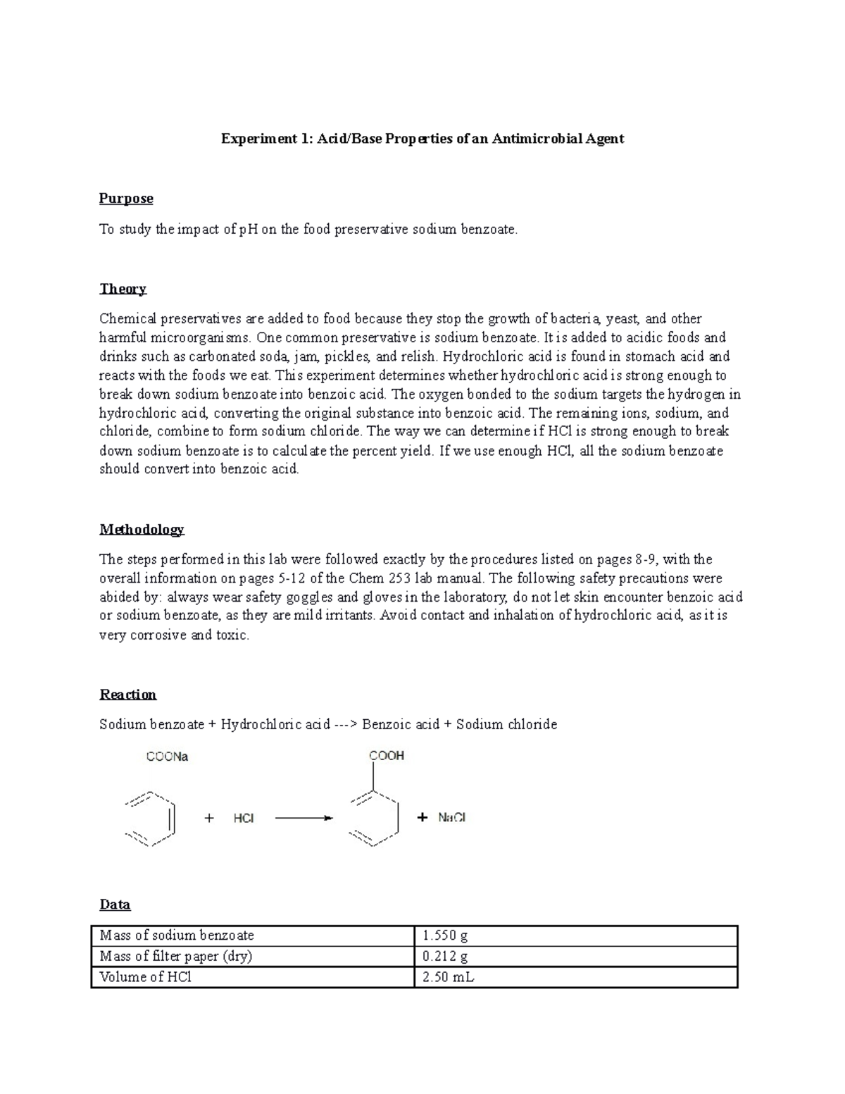 AcidBase Properties of an Antimicrobial Agent Experiment 1 Acid