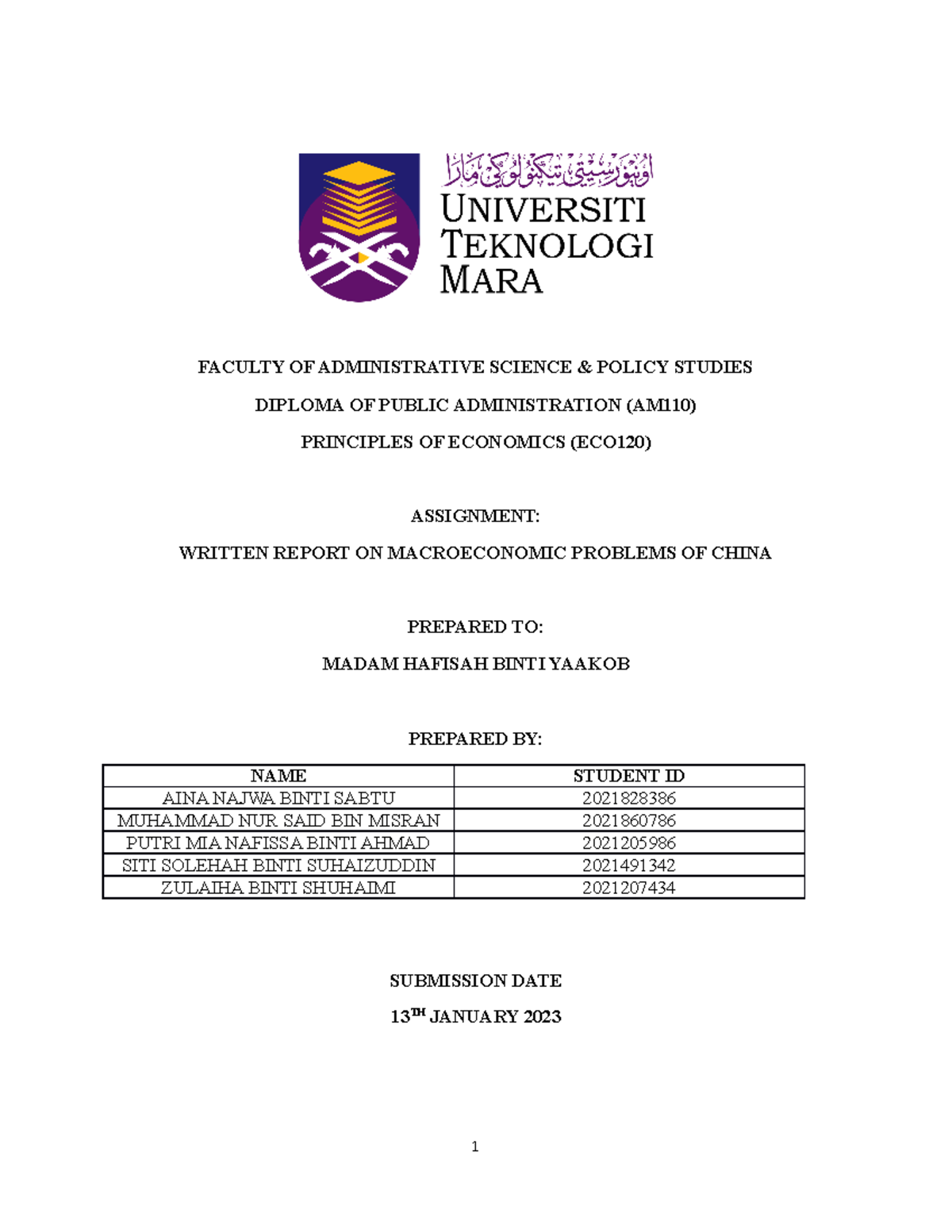 Principles Of Economic Assignment Faculty Of Administrative Science