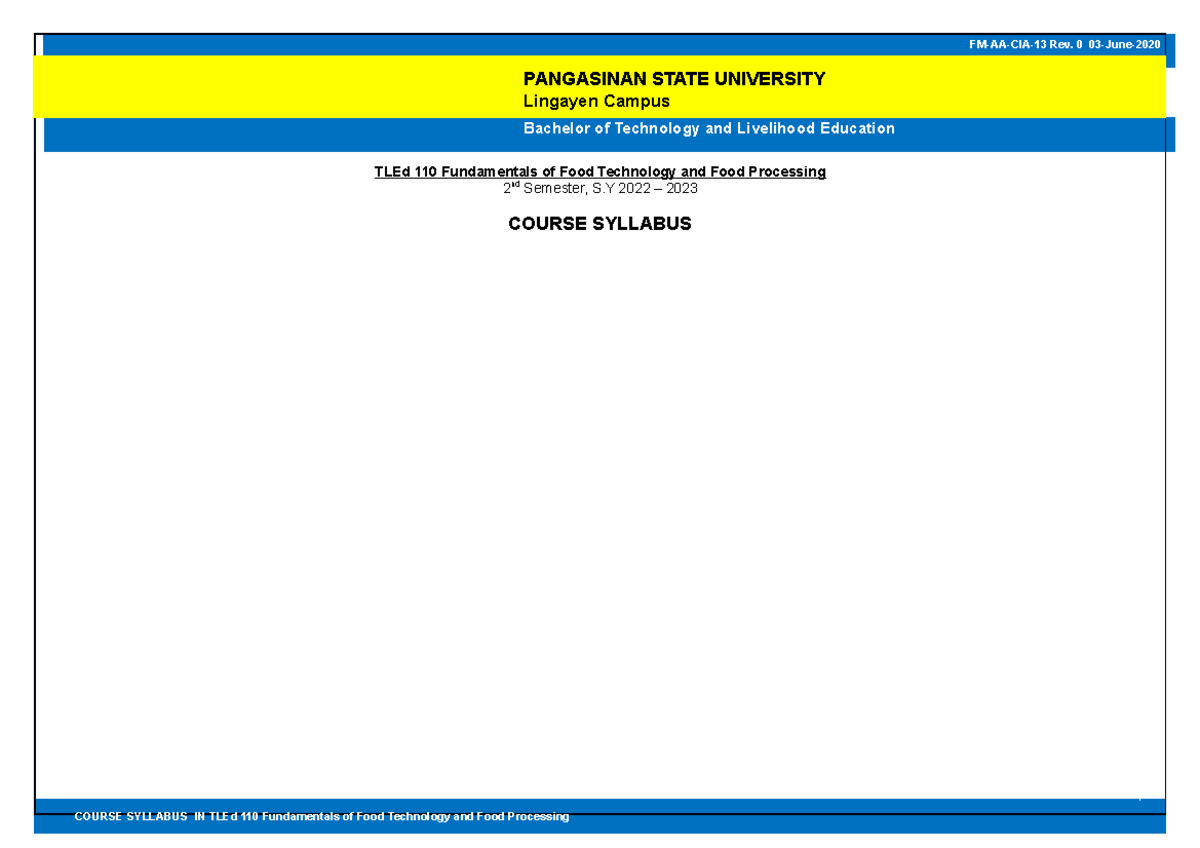 Course Syllabus in TLEd 110 Fundamentals of Food Technology and Food