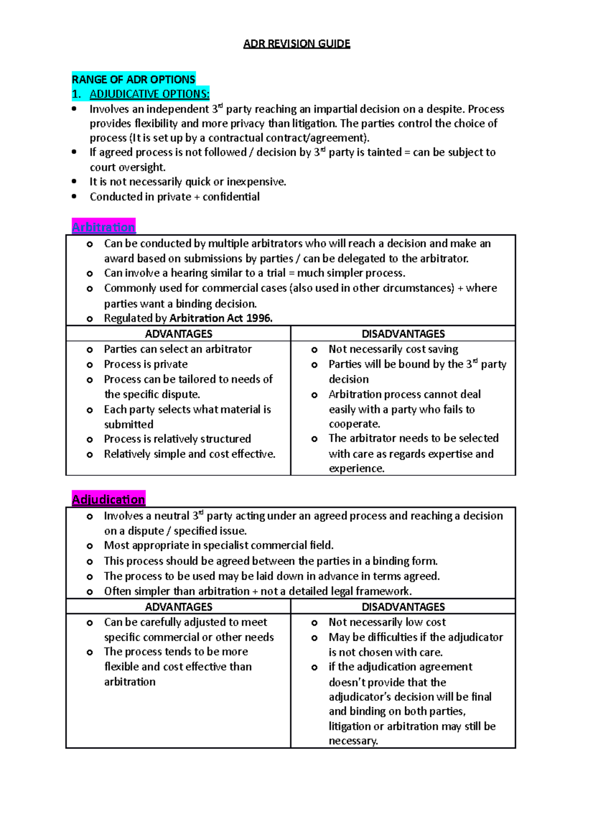 ADR Notes - RANGE OF ADR OPTIONS 1. ADJUDICATIVE OPTIONS: Involves an ...