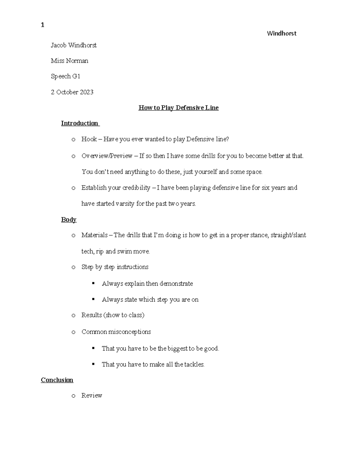 Demonstrative Speech outline 1 Windhorst Jacob Windhorst Miss Norman