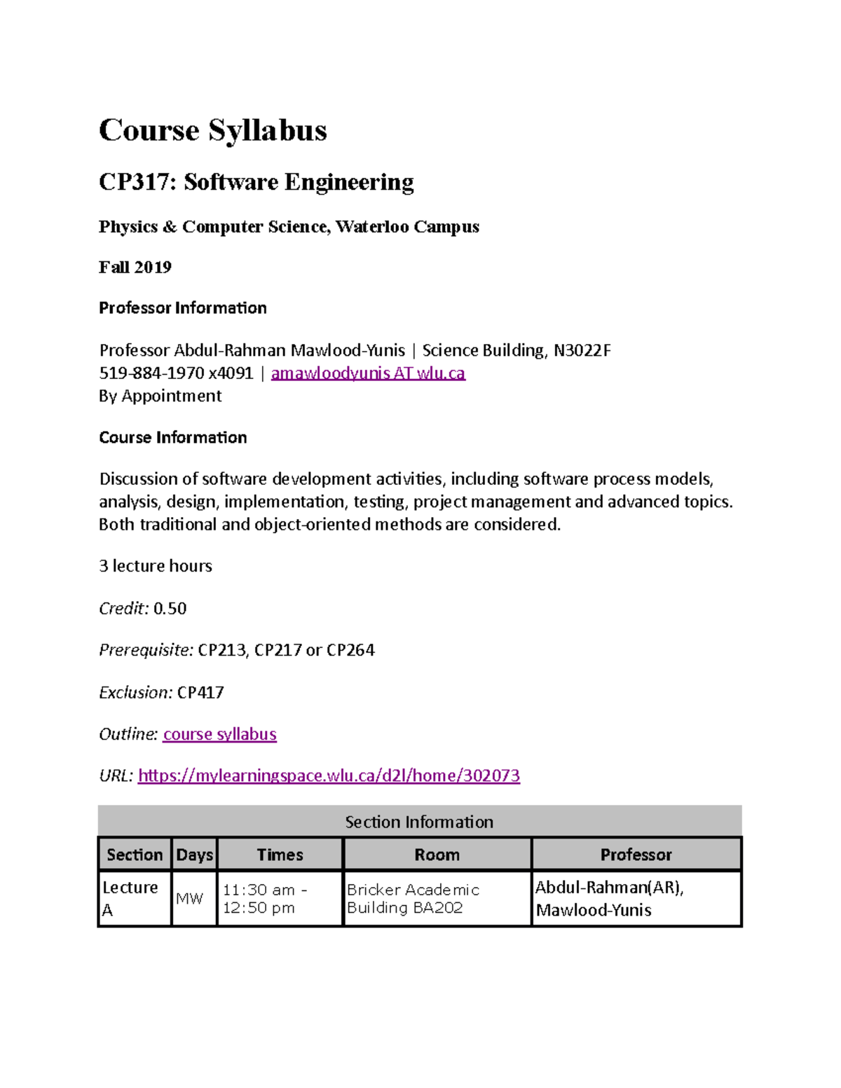 Cp317 2019 09 syllabus - Course Syllabus CP317: Software Engineering ...