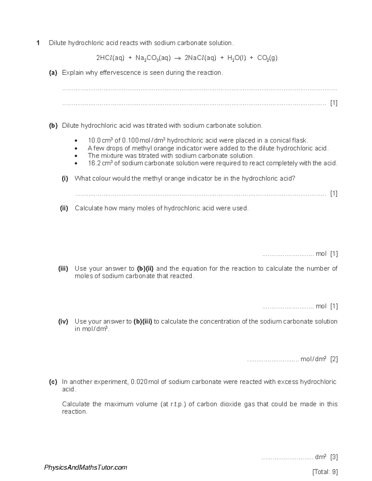 Stoichiometry 1 QP 1 Dilute hydrochloric acid reacts with sodium