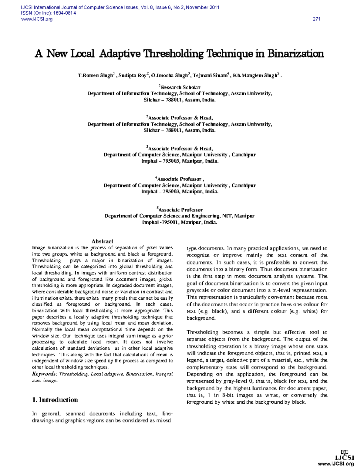 A New Local Adaptive Thresholding Technique in Binarization - 1 ...