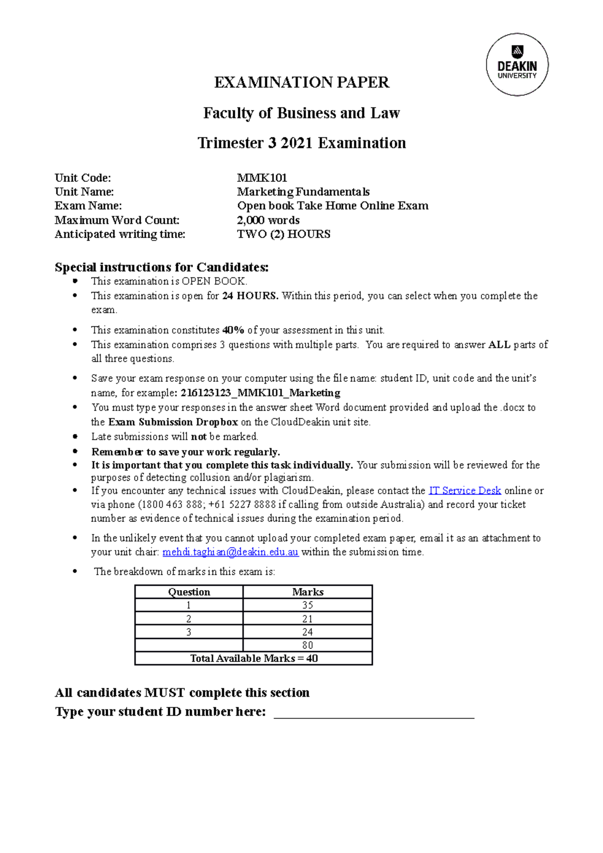 MMK101 T3 2021 Examination paper EP1 - EXAMINATION PAPER Faculty of ...