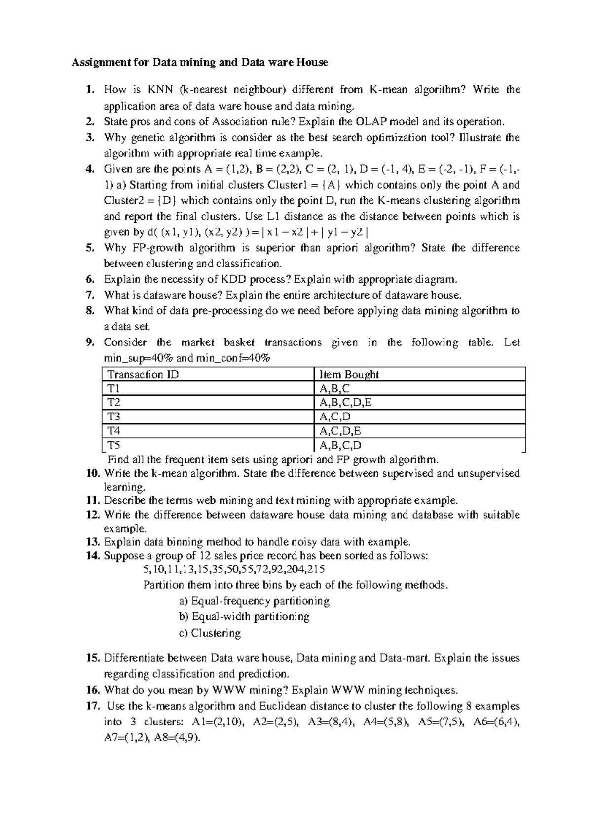 Datamining final assignment - Assignment for Data mining and Data ware ...