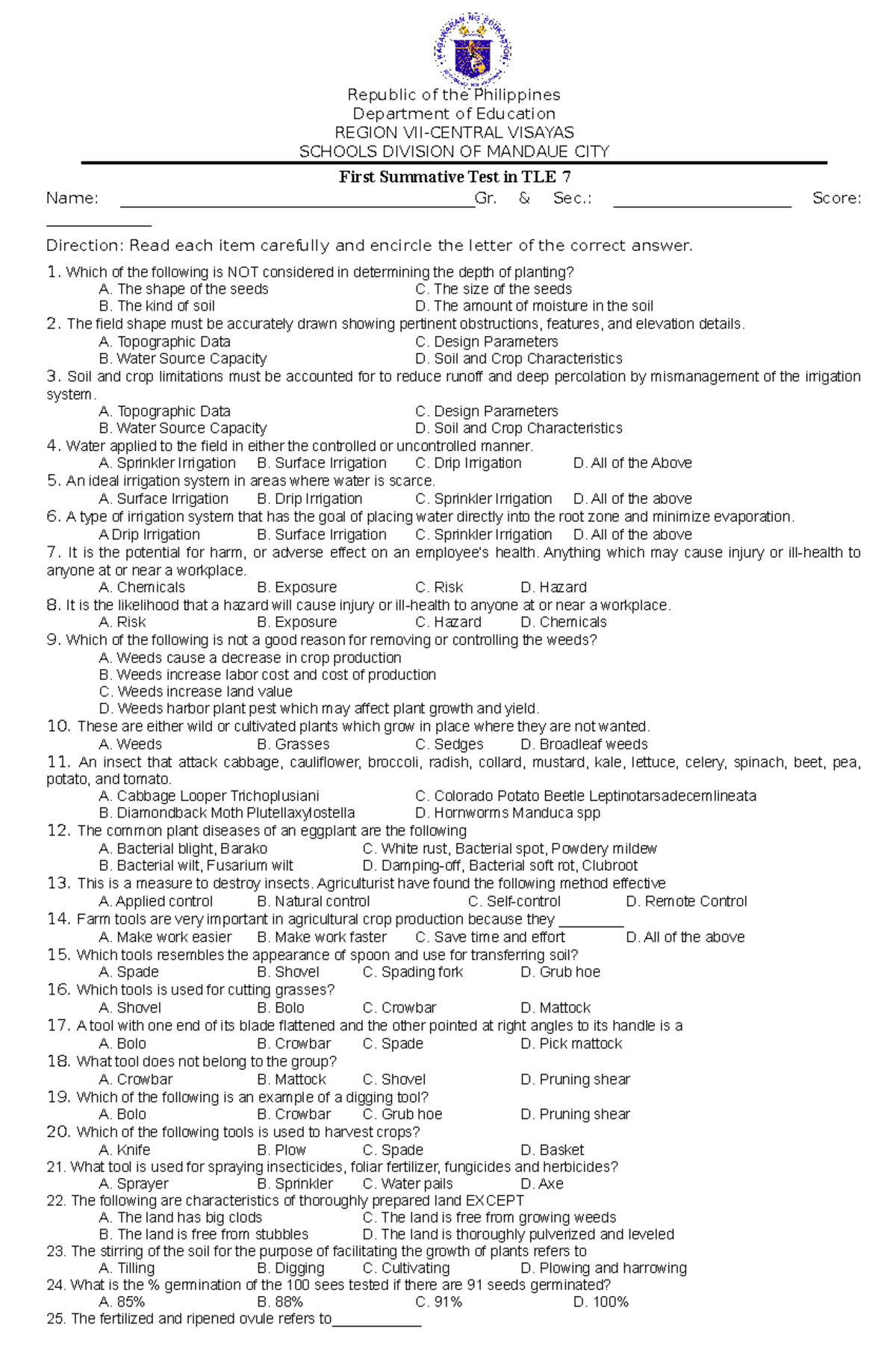 First Grading Summative TEST TLE7 - Republic of the Philippines ...