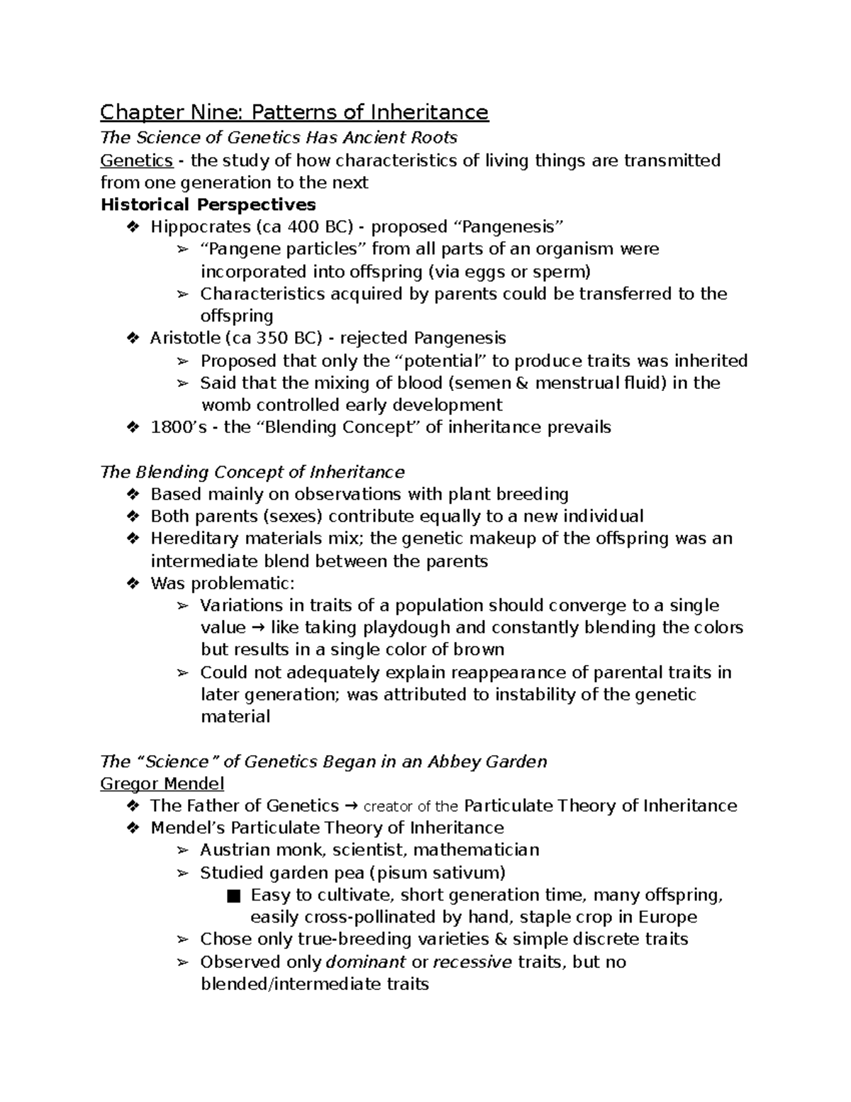 Ch. 9 notes - Chapter Nine: Patterns of Inheritance The Science of ...