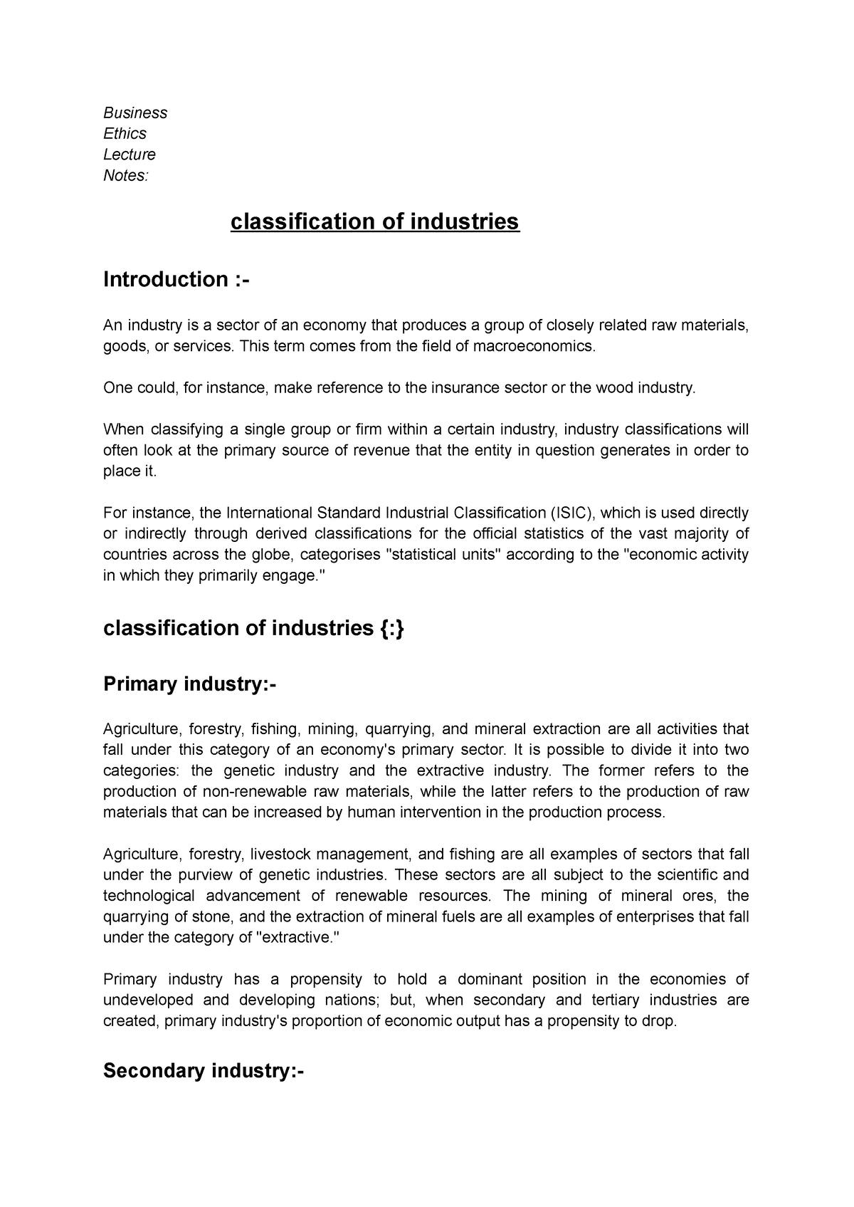 Classification Of Industries - Business Ethics Lecture Notes ...