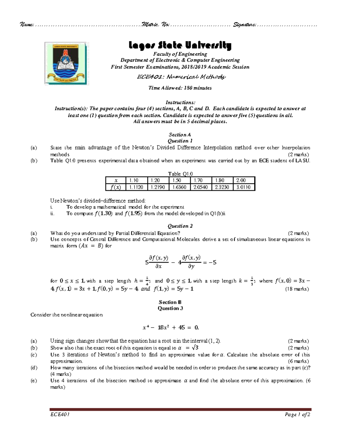 ECE401 Exam 2019 Questions - Name ...