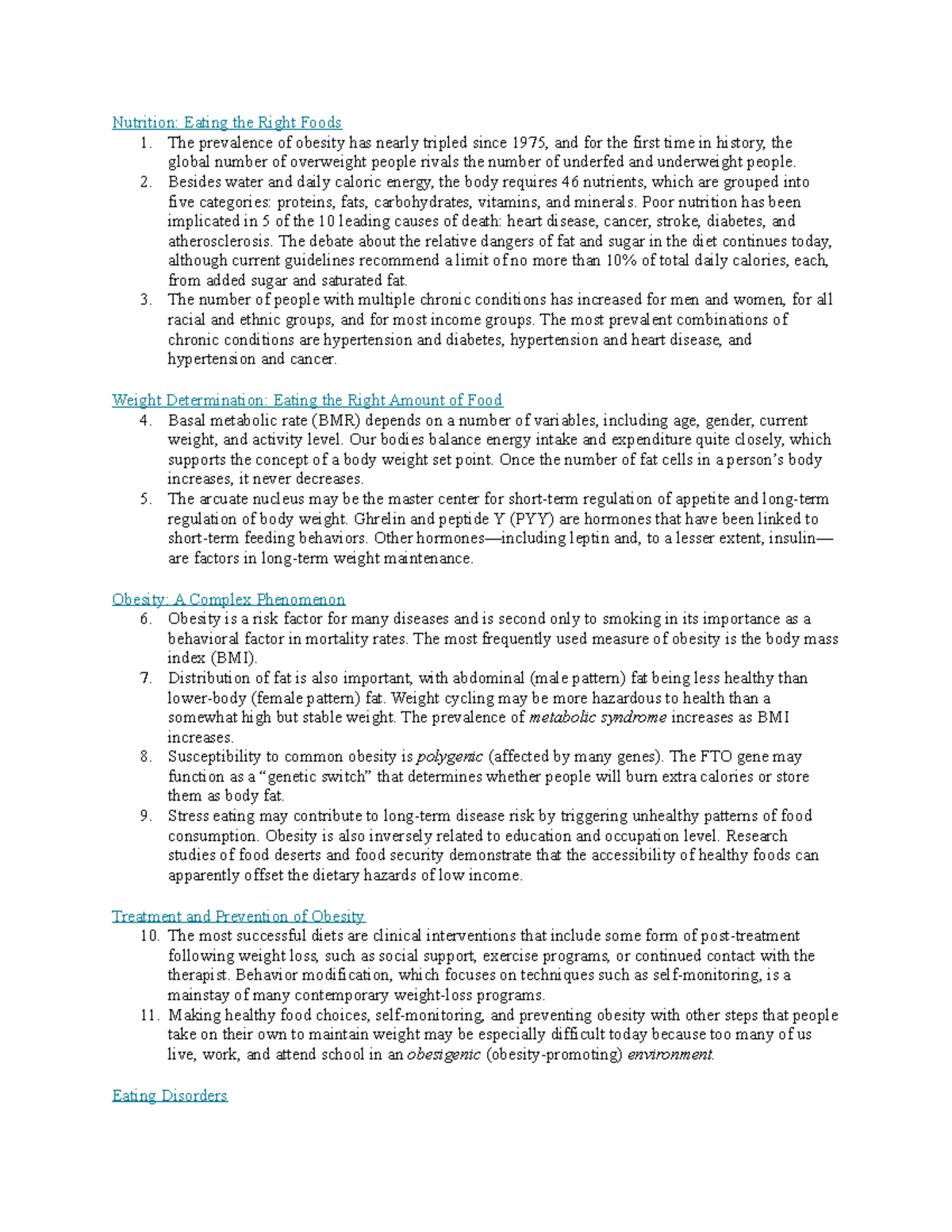 Chapter 8 Summary - Nutrition: Eating The Right Foods 1. The Prevalence ...