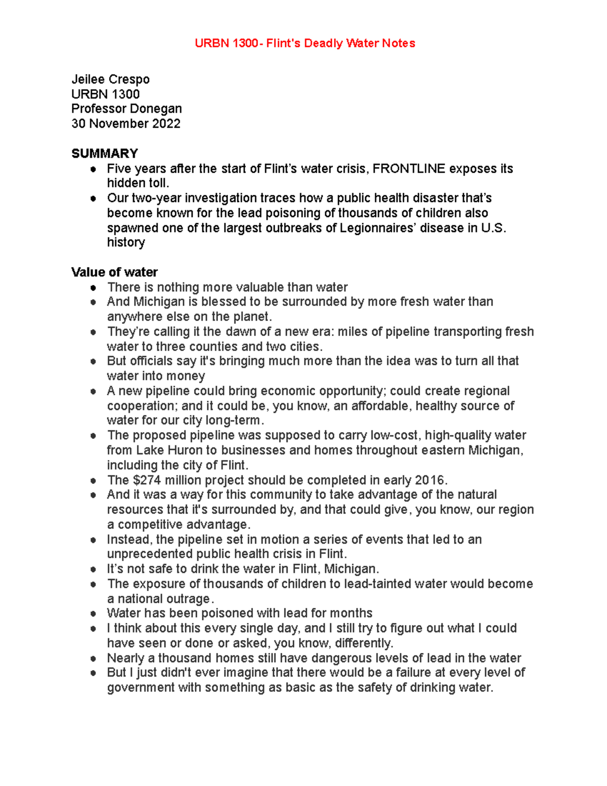 URBN 1300 Flint's Deadly Water Notes Our twoyear investigation
