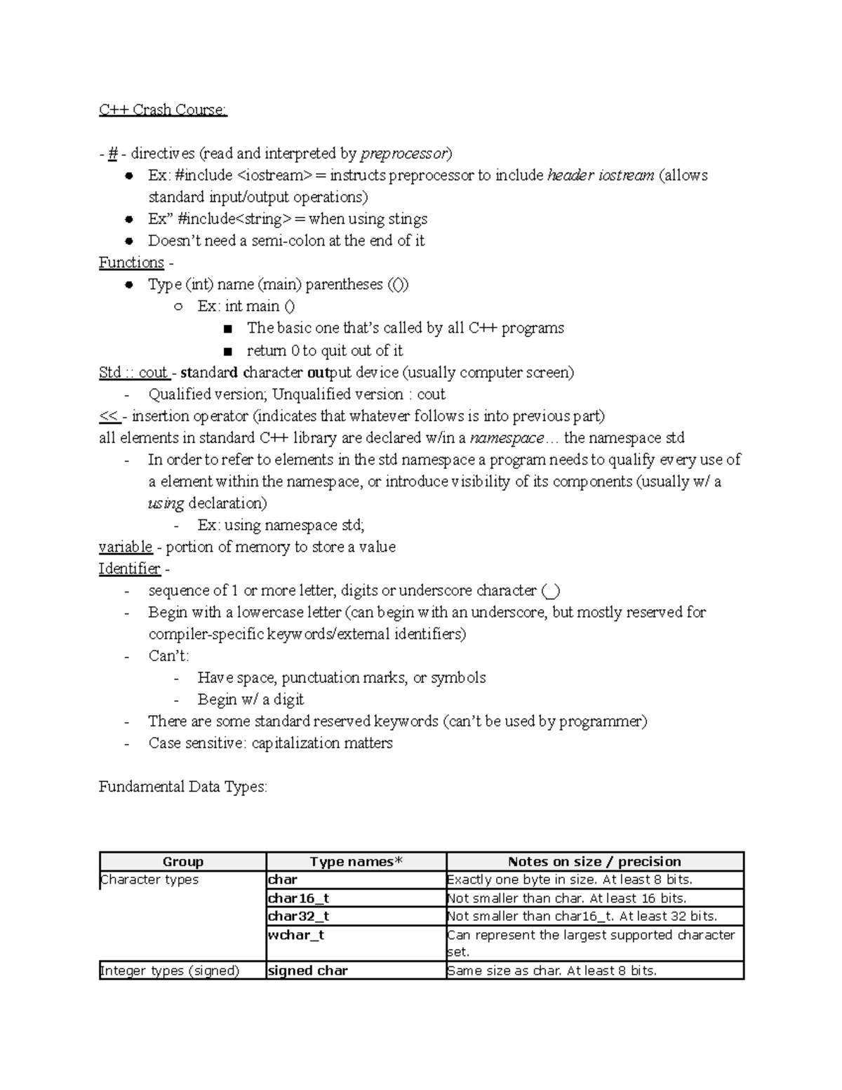 CS 31 Lecture Notes - Day 1 - C++ Crash Course: - # - directives (read ...