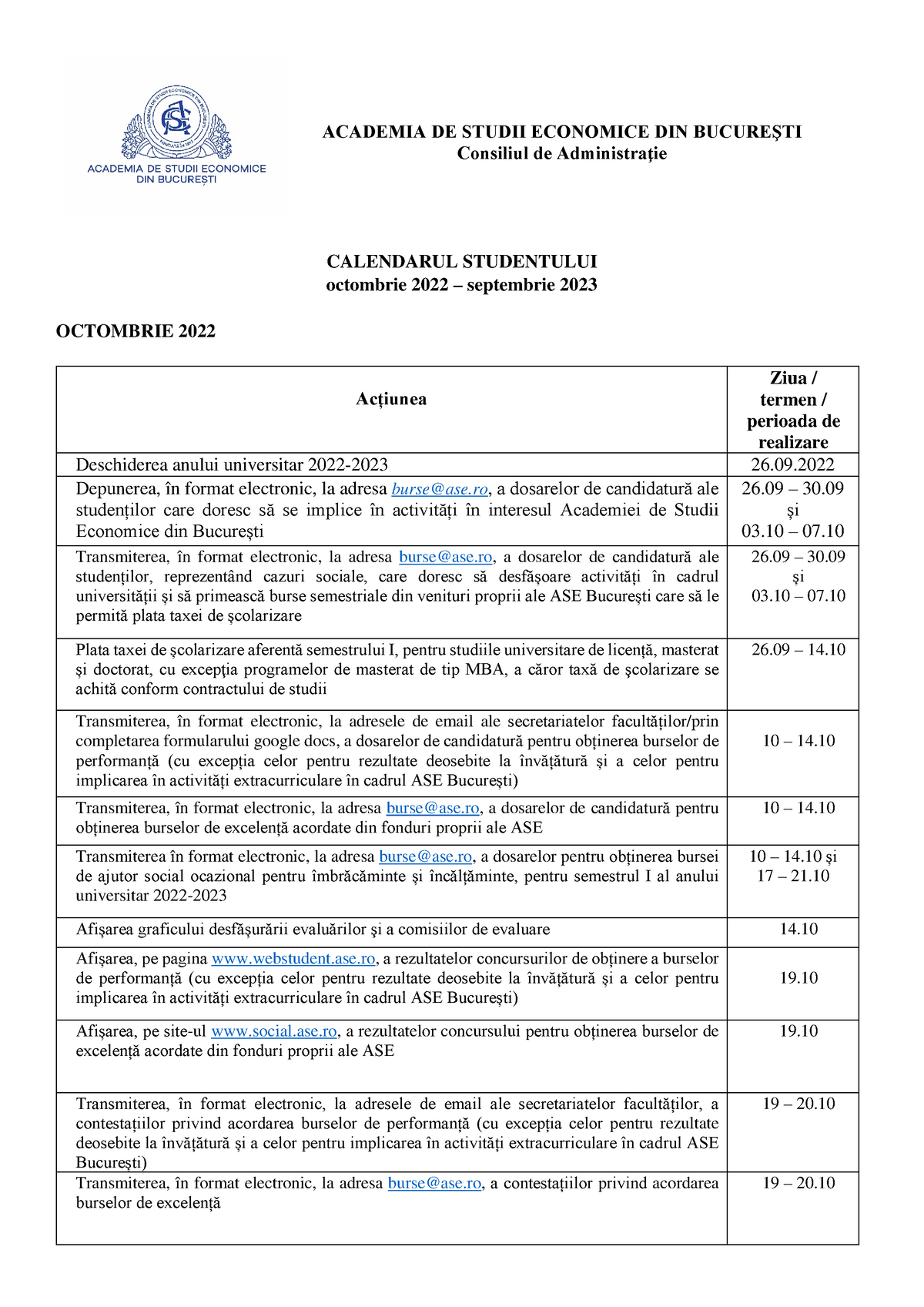 Calendarul Studentului 2022 2023 ACADEMIA DE STUDII ECONOMICE DIN